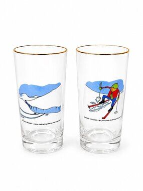 Drinking Ice Tea Beer Glasses Set 2 Carl Ashby Snow Skiing Comic Cortoon Humor V